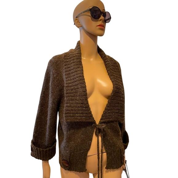 Alberto Makali Cardigan Womens M Brown Wool Boho Knit Sweater Collar Tie Front - Picture 1 of 11
